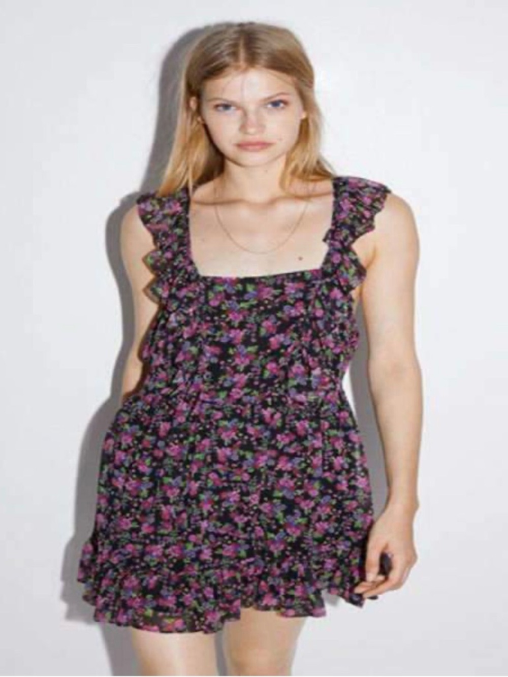 Zara Black Mini Dress with Purple Floral Print